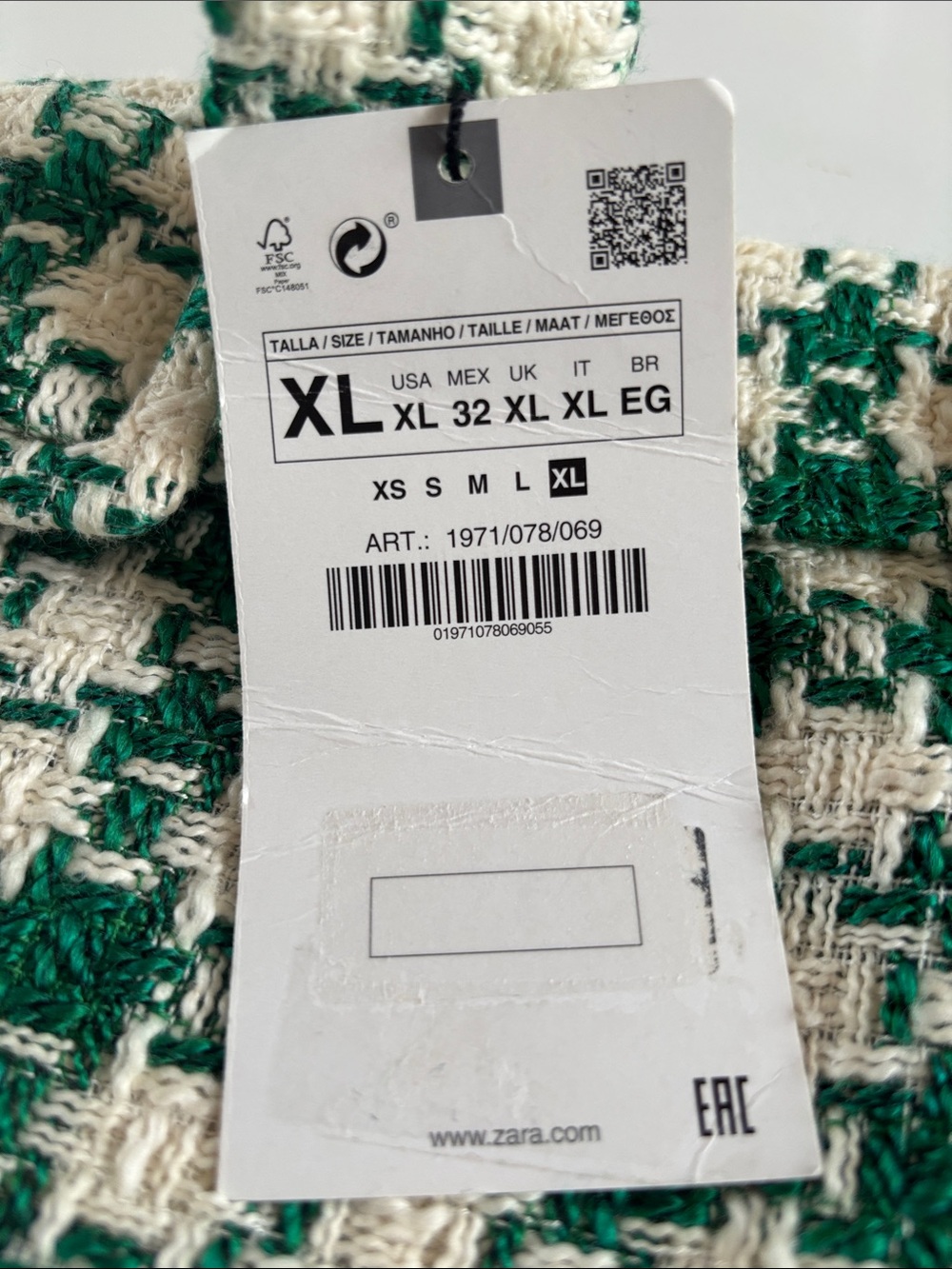 ZARA Green and Cream Houndstooth Tweed Mini Skirt with Eyelet Belt size XL - Picture 11 of 11